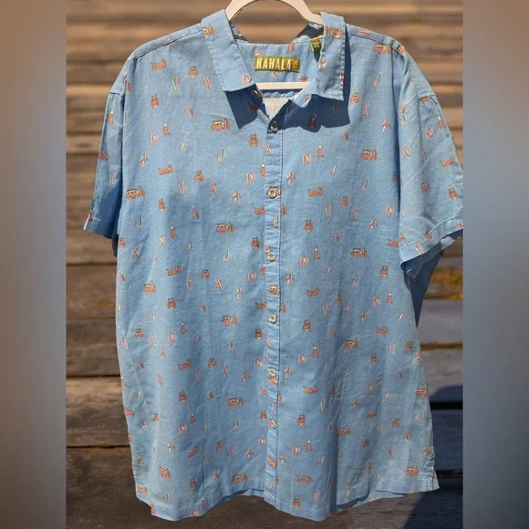 KAHALA 1936 Linen Cotton Men’s 2XL Hawaian Shirt Blue VW Bus Pattern SS - Picture 2 of 10